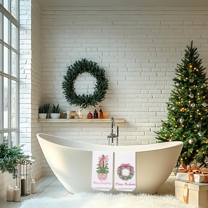 SPBL&L Chinoiserie Christmas Kitchen Towels, Pink Bow Coquette Christmas Tree Dish Towels for Kitchen Bathroom, Pink Christmas Hand Towels for Bathroom Kitchen, Grandmillennial Decor,Set of 2,16x24 Inches - Image 3